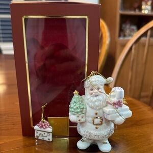 Lenox Santa Ornament with Tree and Gift - White and Gold